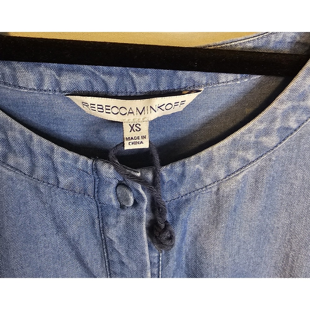 Rebecca Minkoff Denim Romper Shorts Frayed Tassels Longsleeve Button Up - Picture 7 of 12